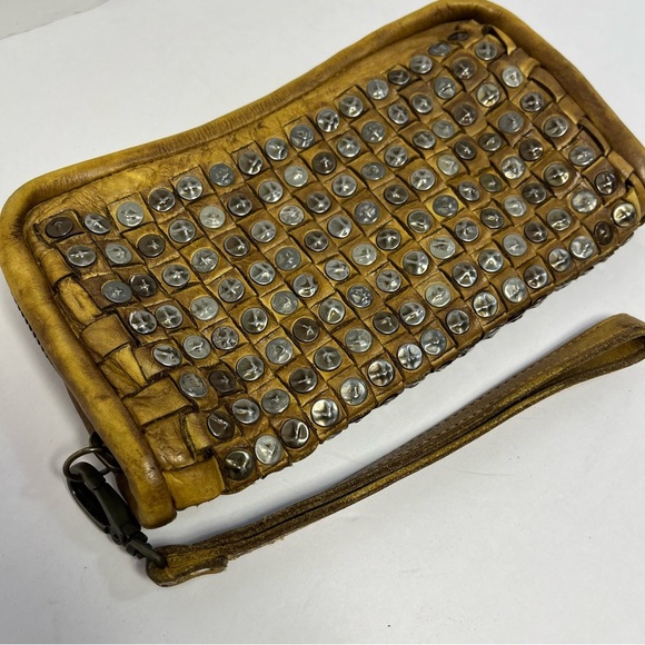 Platania Wallet Tan Italian Leather Woven Studded Wristlet Clutch- Vintage - Picture 4 of 8